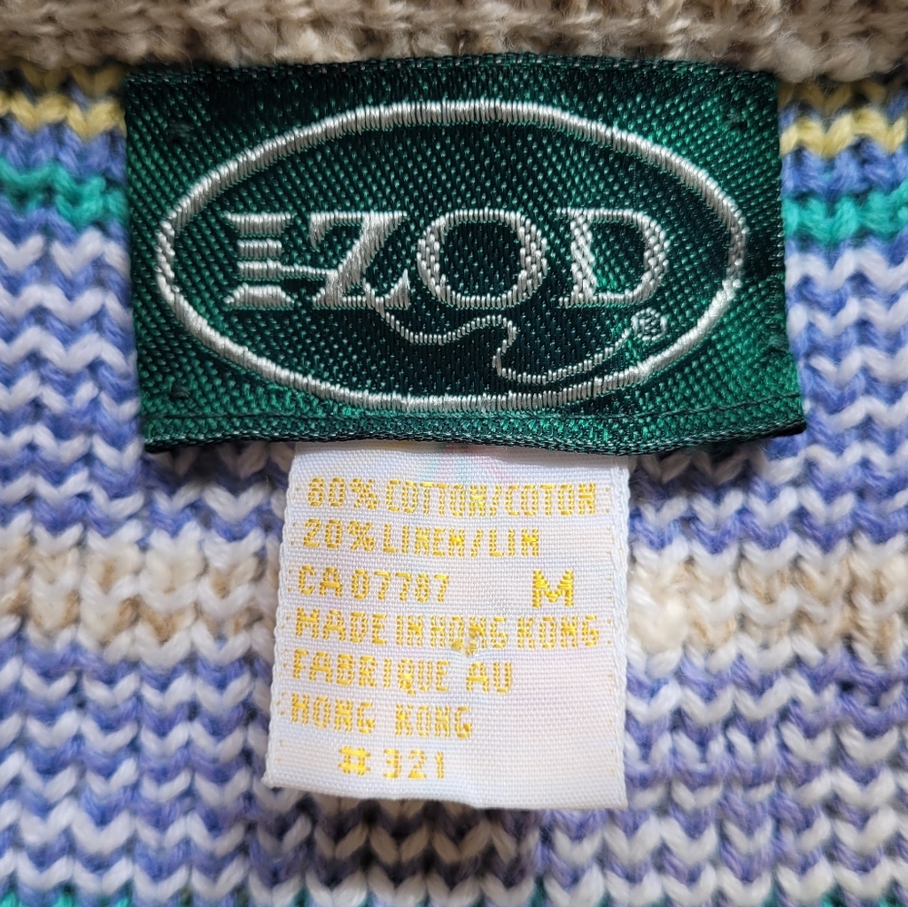 Vintage Izod Beige Fair Isle Crewneck Sweater Blue Yellow Mint Accents - Picture 2 of 5